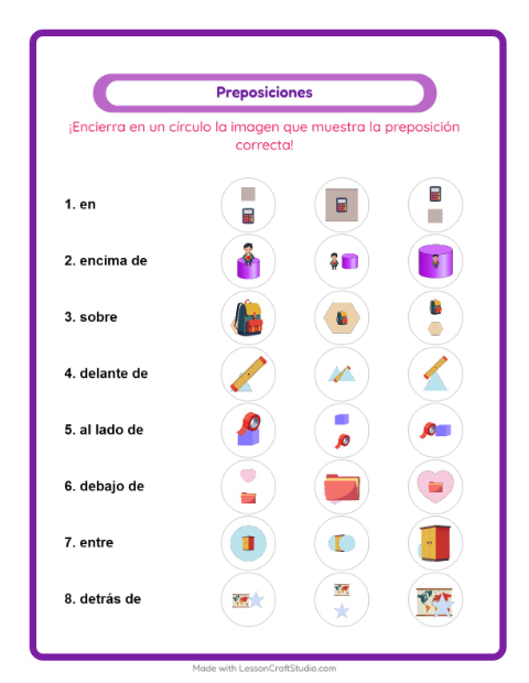 Vista previa de la hoja de Preposiciones con Salón de clases para jardín infantil