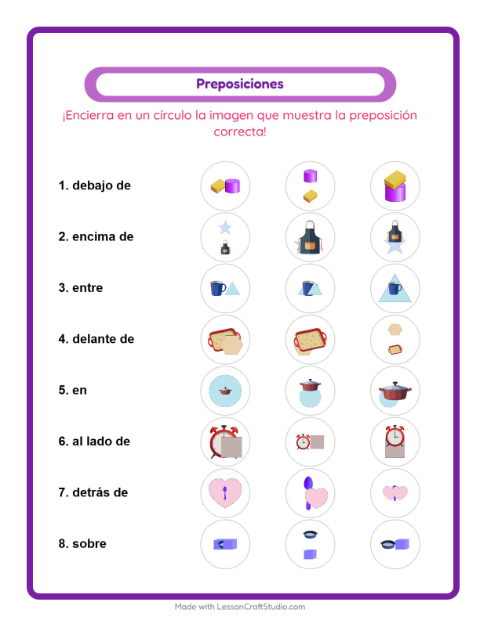 Vista previa de la hoja de Preposiciones con Utensilios de cocina para jardín infantil
