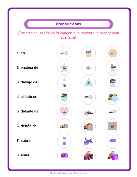 Vista previa de la hoja de Preposiciones con Vehículos para jardín infantil