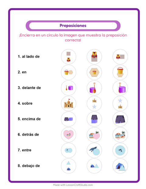 Vista previa de la hoja de Preposiciones con Verano para jardín infantil