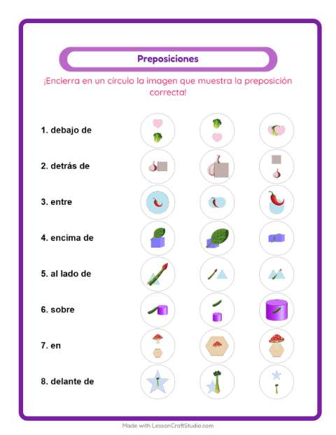 Vista previa de la hoja de Preposiciones con Verduras para jardín infantil