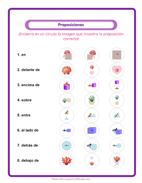 Vista previa de la hoja de Preposiciones con Vida marina para jardín infantil