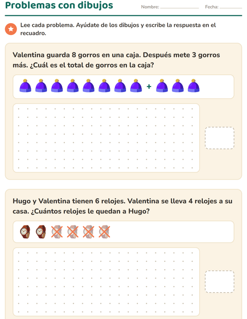 Vista previa de la hoja de Problemas de suma y resta con Accesorios para grado 1