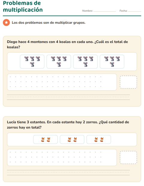 Problemas de multiplicación con grupos iguales — tercer grado