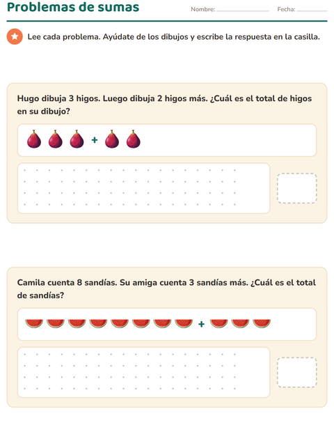 Problemas de sumas con dibujos de frutas