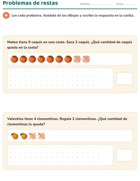 Problemas de restas con dibujos de frutas