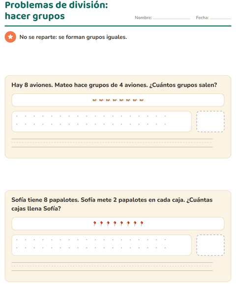 Problemas de división: formar grupos iguales — tercer grado