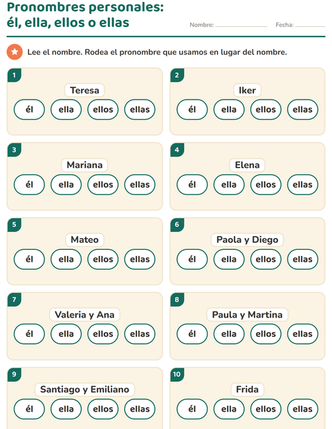 Vista previa de la hoja de Pronombres personales para grado 1