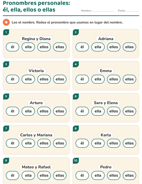 Vista previa de la hoja de Pronombres personales para grado 1
