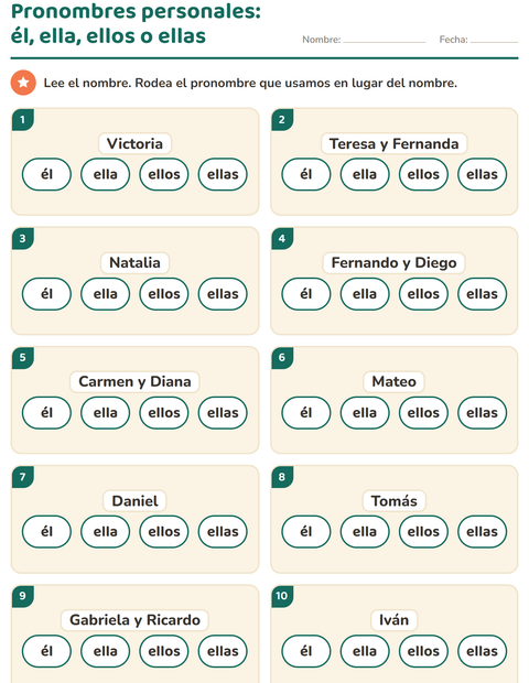 Vista previa de la hoja de Pronombres personales para grado 1