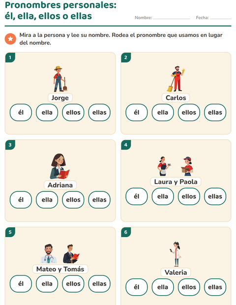 Vista previa de la hoja de Pronombres personales para grado 1