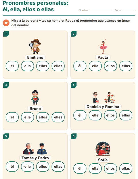 Vista previa de la hoja de Pronombres personales para grado 1