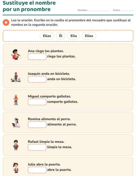 Vista previa de la hoja de Pronombres personales para grado 1