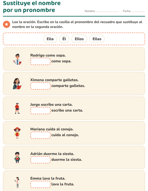 Vista previa de la hoja de Pronombres personales para grado 1