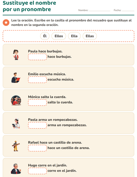 Vista previa de la hoja de Pronombres personales para grado 1