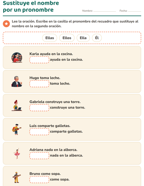 Vista previa de la hoja de Pronombres personales para grado 1