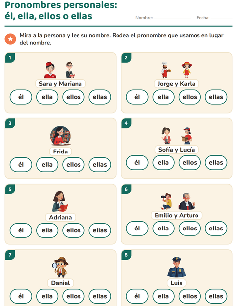 Vista previa de la hoja de Pronombres personales para grado 1