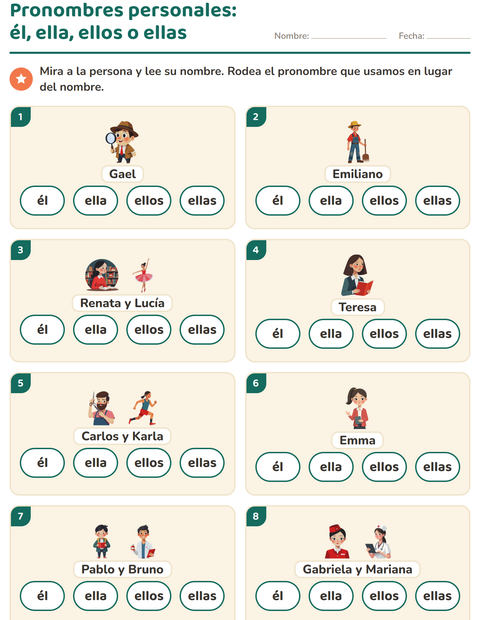Vista previa de la hoja de Pronombres personales para grado 1