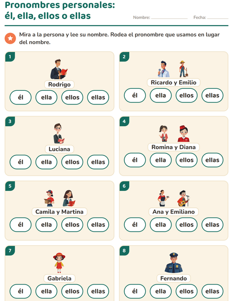 Vista previa de la hoja de Pronombres personales para grado 1