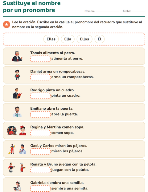 Vista previa de la hoja de Pronombres personales para grado 1