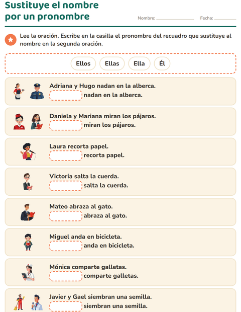 Vista previa de la hoja de Pronombres personales para grado 1