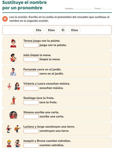 Vista previa de la hoja de Pronombres personales para grado 1