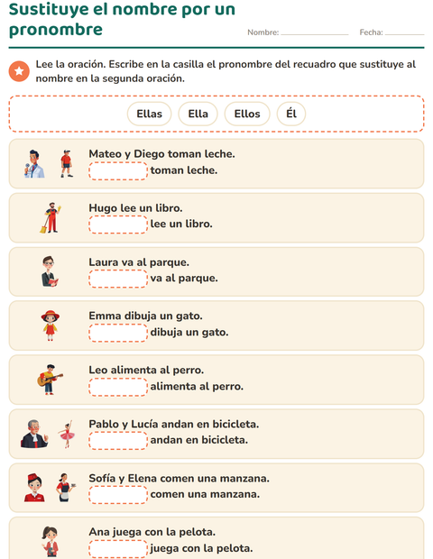 Vista previa de Sustituye el nombre por un pronombre en la segunda oración — primer grado