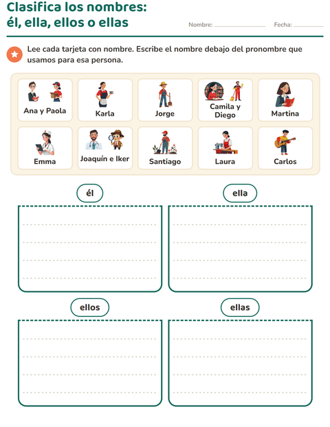 Vista previa de la hoja de Pronombres personales para grado 1