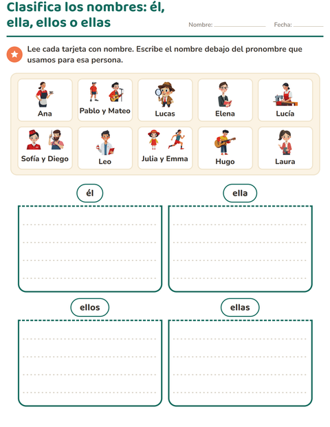 Clasifica los nombres: él, ella, ellos o ellas — primer grado