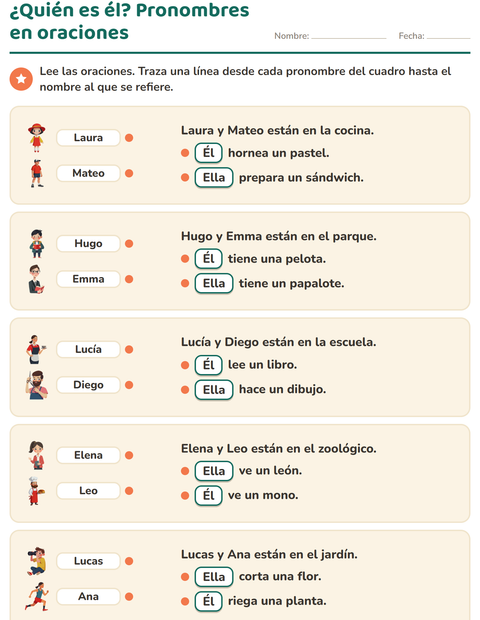 ¿Quién es él? Une cada pronombre con el nombre al que se refiere — segundo grado