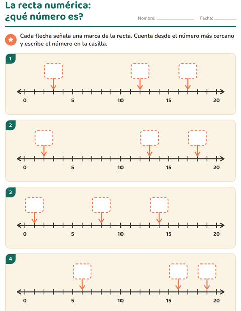 Vista previa de la hoja de Recta numérica para grado 1