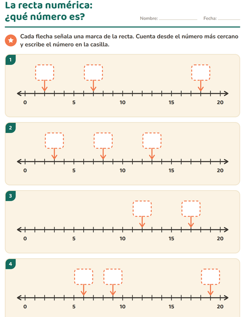 Vista previa de la hoja de Recta numérica para grado 1