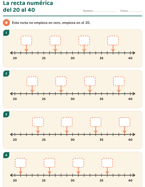 Vista previa de la hoja de Recta numérica para grado 1