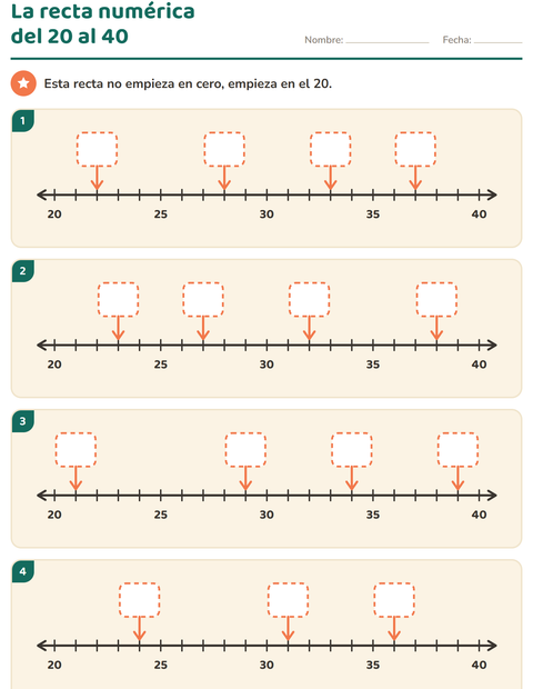 Vista previa de la hoja de Recta numérica para grado 1