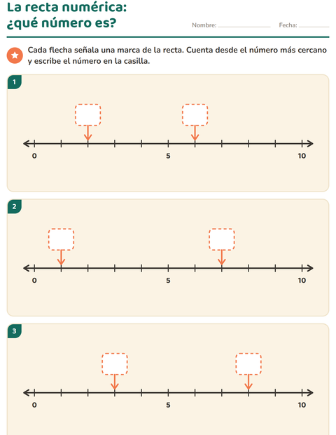 Vista previa de la hoja de Recta numérica para grado 1