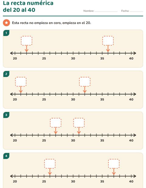 Vista previa de la hoja de Recta numérica para grado 1