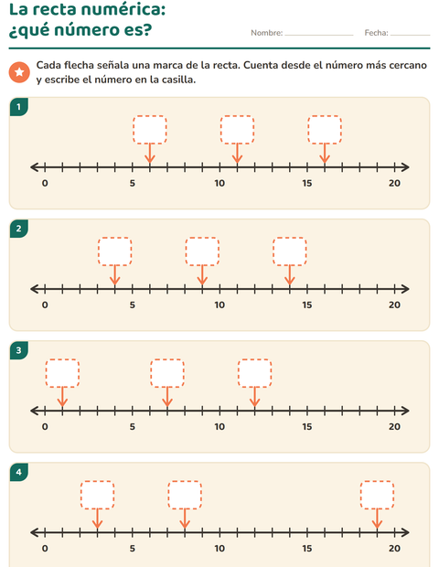 Vista previa de la hoja de Recta numérica para grado 1