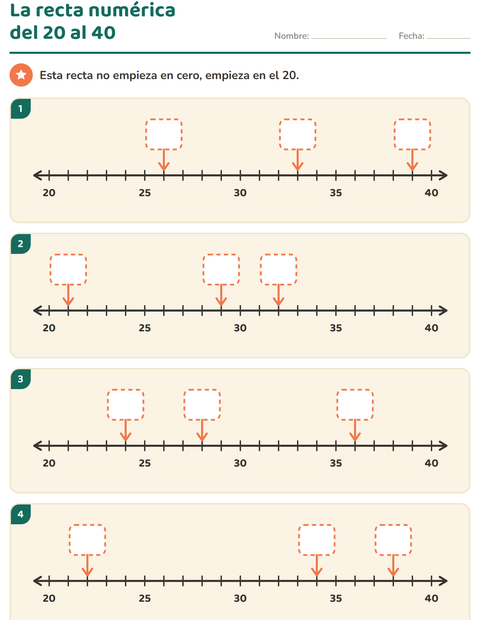 Vista previa de la hoja de Recta numérica para grado 1