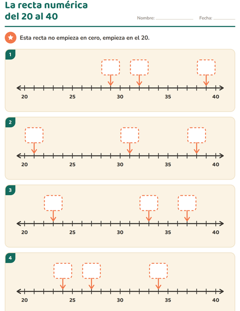 Vista previa de la hoja de Recta numérica para grado 1