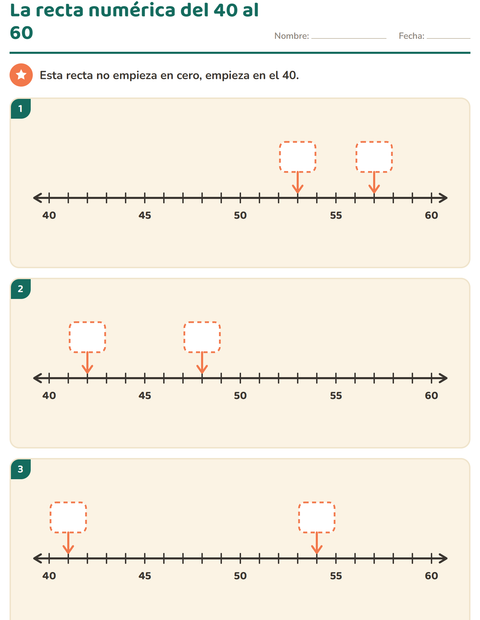 La recta numérica del 40 al 60: seis flechas en un tramo cerrado — segundo grado