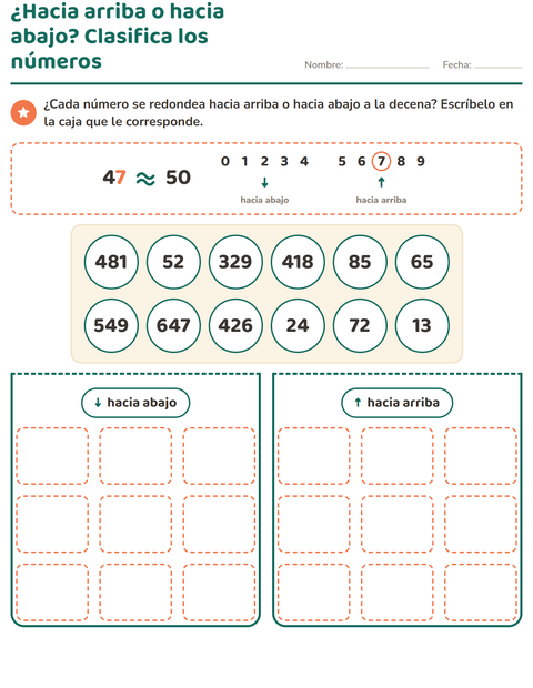 ¿Hacia arriba o hacia abajo? Clasifica los números — tercer grado