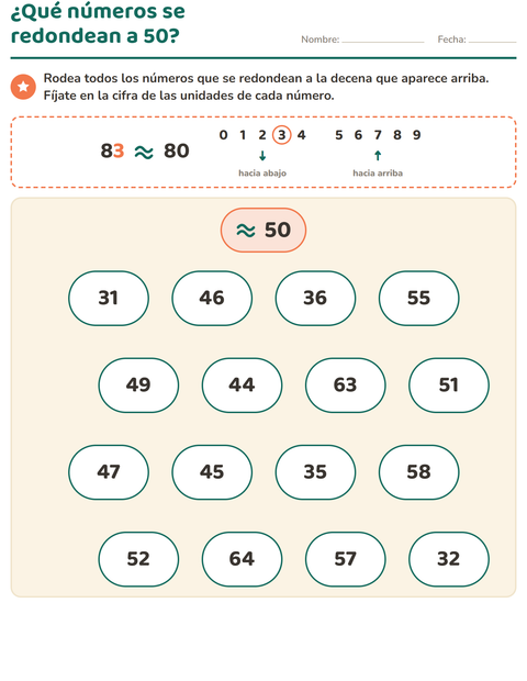 ¿Qué números se redondean a 50? Rodéalos todos — tercer grado