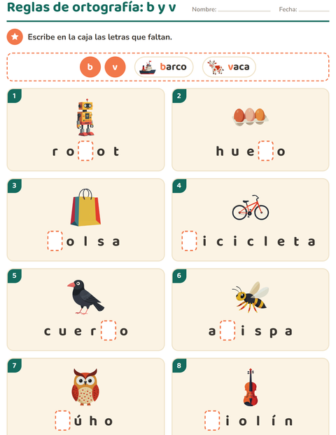 Reglas de ortografía: una regla por hoja, escribe las letras que faltan — segundo grado
