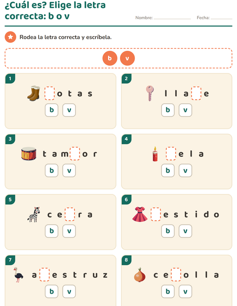 ¿Cuál es? Elige la letra correcta entre dos: b o v — segundo grado