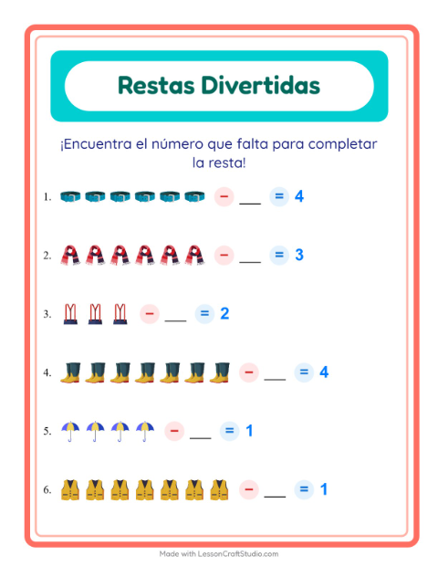Vista previa de la hoja de Resta con Accesorios para jardín infantil