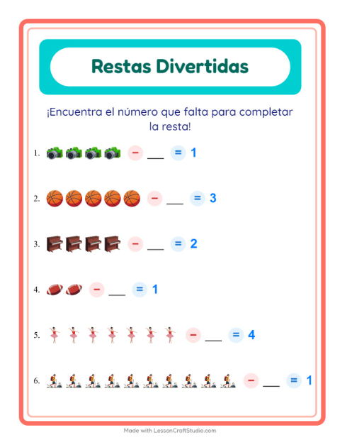 Vista previa de la hoja de Resta con Actividades para jardín infantil