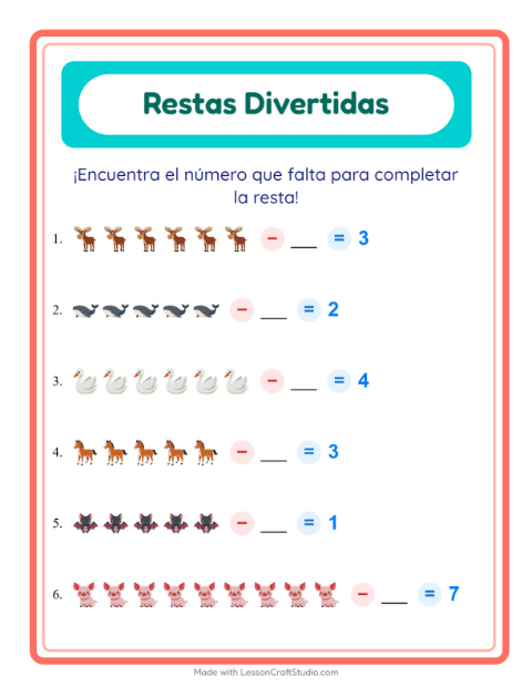 Vista previa de la hoja de Resta con Animales para jardín infantil