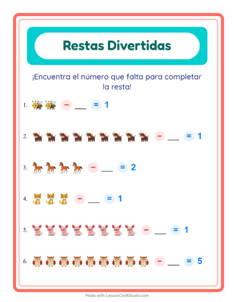 Vista previa de la hoja de Resta con Animales de granja para jardín infantil