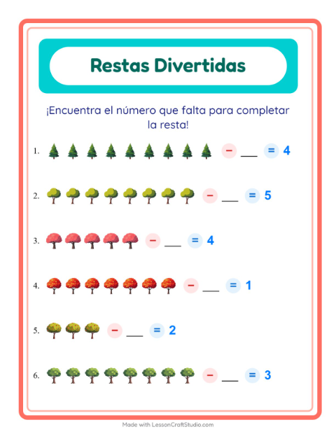 Vista previa de la hoja de Resta con Árboles para jardín infantil