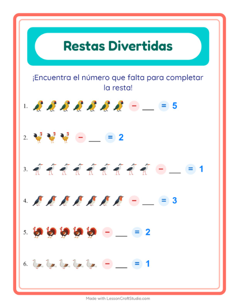 Vista previa de la hoja de Resta con Aves 2 para jardín infantil